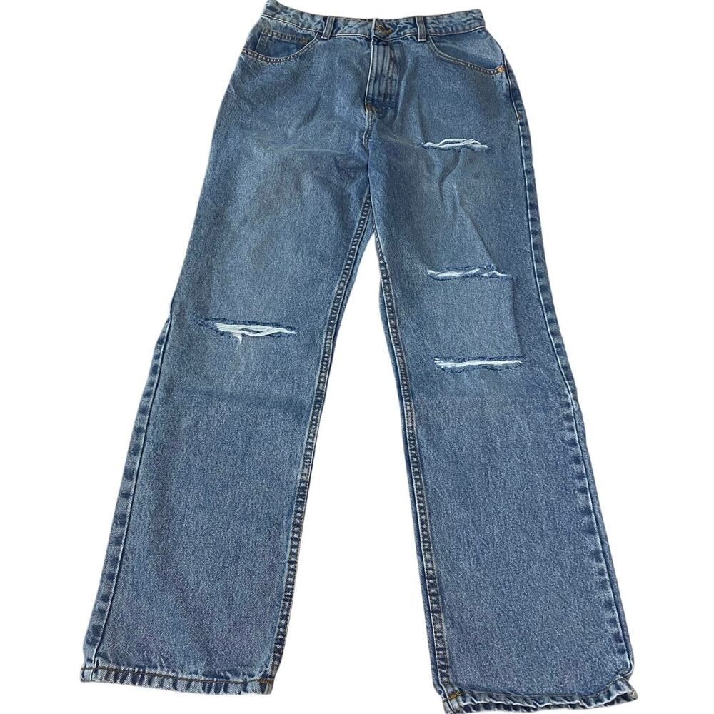 PrettyLittleThing Distressed Straight Leg Jeans - Mid Blue, Size US 6